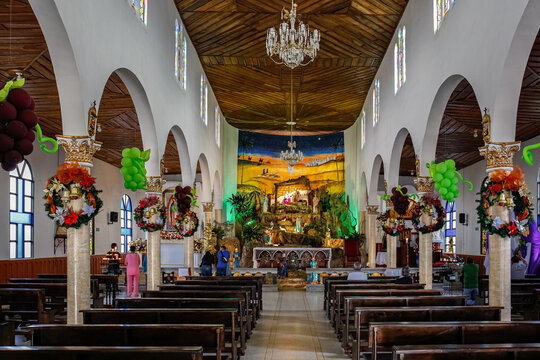 Colorful interior of a traditional catholic, church in Salento, Columbia
