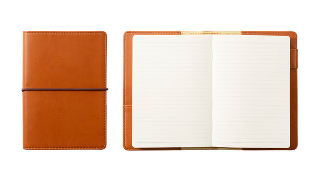 A leather notebook placed against a white background. The notebook closed and open.