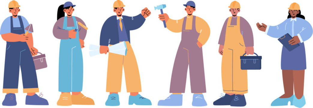 Construction workers, builder, engineer and technician. Vector flat illustration of people working in building industry, professional repairman, architect, house painter and foreman