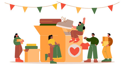 People donate clothes for charity, humanitarian aid or exchange. Vector flat illustration of women and men give old garment in cardboard donation box for poor and homeless - obrazy, fototapety, plakaty