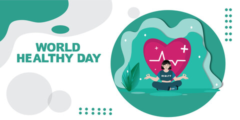 Vector greeting card template with people leading an active healthy lifestyle. Concept for World Health Day and other uses. Yoga people design elements are good for health 