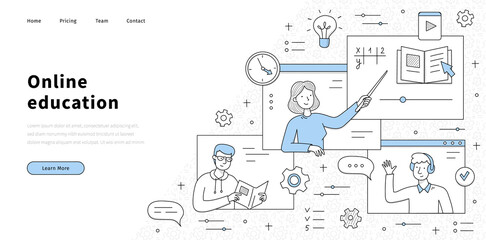 Online education banner with teacher and students on computer screens. Vector landing page of digital distant school or university training, e-learning with sketch illustration
