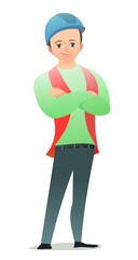 Little boy in overalls. Teen Handyman, locksmith or repairman. Cheerful person. Standing pose. Cartoon comic style flat design. Single character. Illustration isolated on white background. Vector