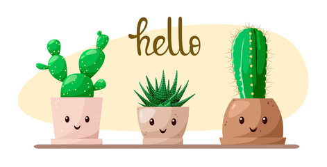 A set of cacti in cute pots. Cartoon design.
