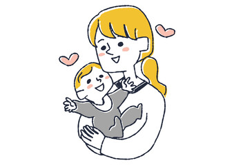 赤ちゃんを抱っこしているママ　コミカルな手書きの人物　ベクター、線画にシンプルな色つけ　