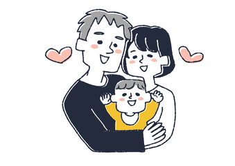 赤ちゃんを抱っこしている幸せな家族　コミカルな手書きの人物　ベクター、線画にシンプルな色つけ　