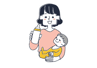 赤ちゃんにミルクをあげるママ　コミカルな手書きの人物　ベクター、線画にシンプルな色つけ　