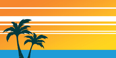 Vector beach sunset background. Summer vacation backdrop for design. Tropical sunset scene for travelling design.