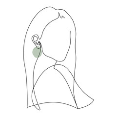 Girl silhouette with long hair and with a green earring. Female torso. Fashion, cosmetology, natural beauty, jewelry, erotica. Abstract minimalistic sketch in black continuous lines. - 490454241