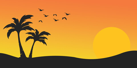Fototapeta na wymiar Vector beach sunset background. Summer vacation backdrop for design. Tropical sunset scene for travelling design.