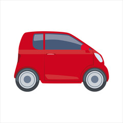 Mini car. Red microcar in the back of a hatchback. Car in cartoon simple style. Vector illustration isolated on white background for design and web.
