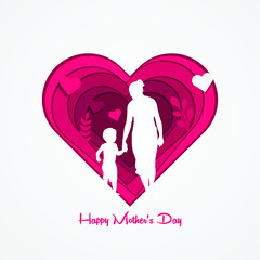 Happy Mothers Day card. Creative paper cut background with mom silhouette and her child with a love heart. Vector illustration with beautiful woman and baby with paper frame heart-shaped.