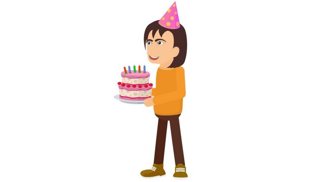 Girl's birthday. Animation of a girl with a birthday cake,  alpha channel is turned on