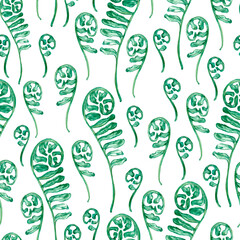 Seamless natural pattern of scrolls of green fern leaves on a white background, painted in watercolor.