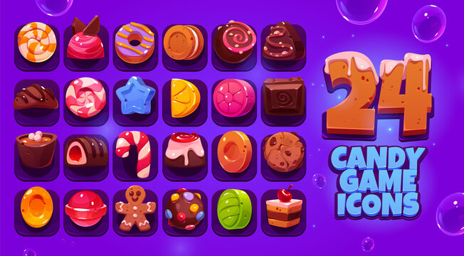 Candy Game Icons Big Set, Cartoon Vector Sweets Ui Elements. Caramel, Cake, Gingerbread Man Pastry, Lollipop And Toffee, Candy Cane, Chocolate And Crunchy Cookie, Praline With Topping Or Filling