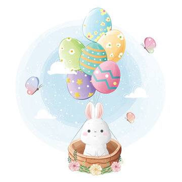Little Bunny Flying with Easter Balloons