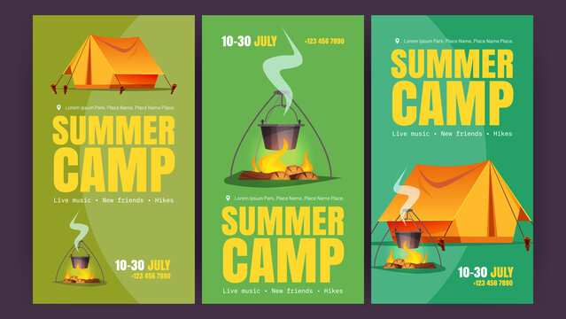 Summer camp cartoon posters with tent, campfire and cauldron with steam food. Invitation for camping adventure on nature, promotion for tourists holidays outdoor hiking activity, Vector illustration