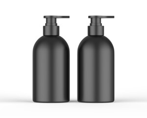 Black plastic bottle with pump dispenser for branding, Cosmetic bottle with pump mockup on isolated white background, 3d render illustration