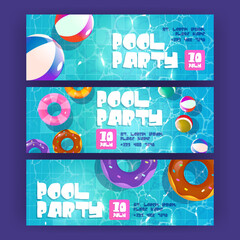 Pool party cartoon banners, summer background with colorful inflatable rings and balls float in swimming pool top view. Invitation flyers for summertime vacation entertainment, Vector illustration
