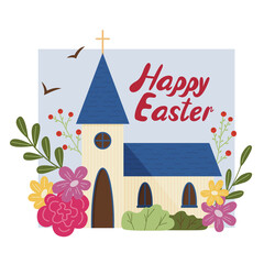 Easter. Vector illustration of a temple surrounded by flowers.