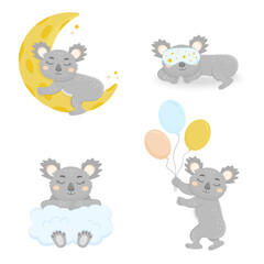 Set with a sleeping koala. Vector illustration of cute koala for kids. Koala sleeping on the moon, flies on balloon, sits on a cloud, sleeping in a sleep mask.