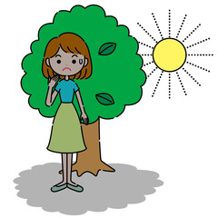 木陰で陽射しを凌ぐシンプルな女性のイラスト