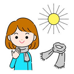 ストールを巻いて陽射しを凌ぐシンプルな女性のイラスト