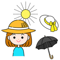 帽子で陽射しを防ぐシンプルな女性のイラスト
