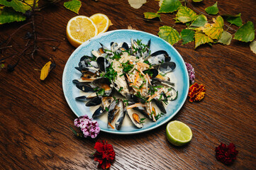 Cooked mussels in cream sauce appetizer for wine. Sea products