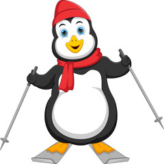 cartoon penguin skiing isolated on white background