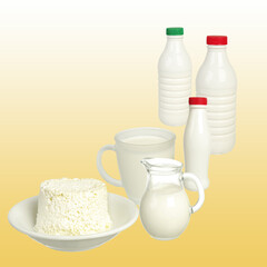 Milk in bottles, in a jug, in a mug and cottage cheese on a saucer. Gradient yellow background.