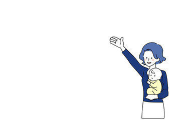 手を広げて案内する赤ちゃんを抱いた母親