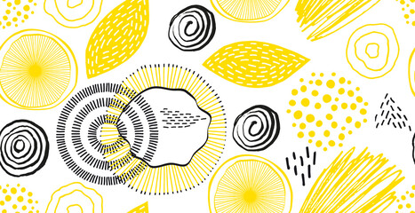 Zitronen abstrakt nahtloses Muster gelb schwarz weiß für Druck auf Textil, Papier, Bettzeug, Fashion