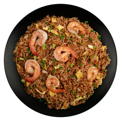 Chinese food dish on white background Chifa, Peruvian food. Chaufa fried rice with prawns, pork and chicken, vegetables. Photo above.	