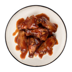 Fried chicken wings with barbecue sauce. On white background. Photo above.