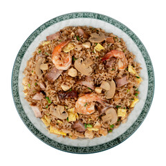 Chinese food dish on white background Chifa, Peruvian food. Chaufa fried rice with prawns, pork and chicken, vegetables. Photo above.