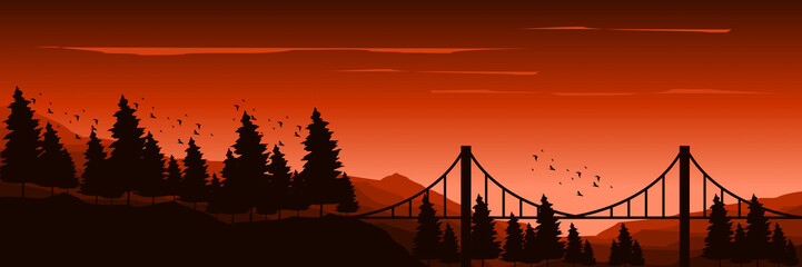 sunrise at mountain with pine tree silhouette flat design vector banner template good for web banner, ads banner, tourism banner, wallpaper, background template, and adventure design backdrop