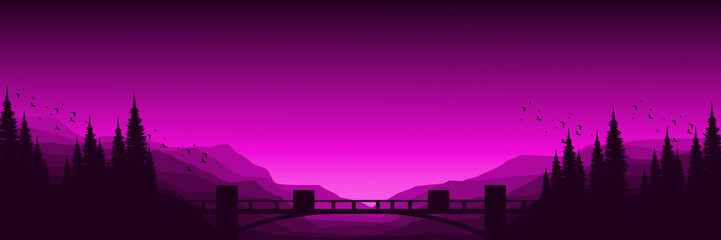 sunrise at mountain with pine tree silhouette flat design vector banner template good for web banner, ads banner, tourism banner, wallpaper, background template, and adventure design backdrop