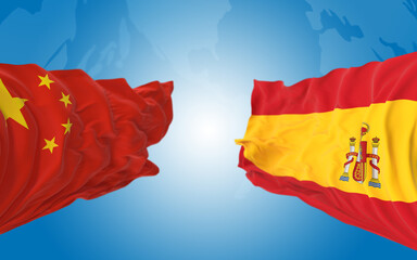 Chinese and Spanish Flags are Paired Together and Standing Side by Side