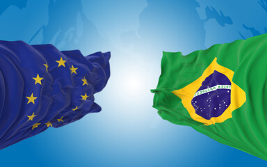 Fototapeta na wymiar European Union and Brazilian Flags are Paired Together and Standing Side by Side