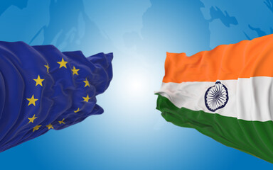 European Union and Indian Flags are Paired Together and Standing Side by Side