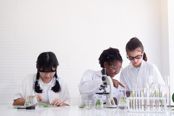 Group of children scientists learning and analysis or germs with glassware in the laboratory. Child and science, children making science experiments.