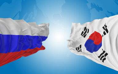 Russian and South Korean Flags are Paired Together and Standing Side by Side