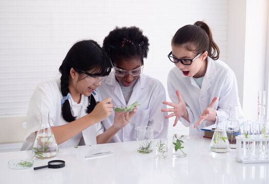 Group of diversity children scientists doing analysis and exciting with glassware in the laboratory. Researcher and discovery concept.