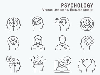 Psychology icon set. Collection of doctor, depression, mind, anxiety and more. Vector illustration. Editable Stroke.