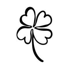 Black line doodle four leaf clover. Vector Outline illustration. Nature monochrome line art design. Hand drawn simple linear art