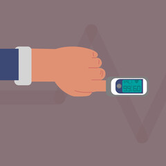 flat design Oximeter on finger. Measurement of pulse and saturation of blood with oxygen.Pulse Oximeter Medical equipment. Flat cartoon vector illustrati