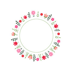 Floral spring wreath  isolated on white background. Round with flowers and leaves. Template for card, banner, invitation. Flat vector illustration