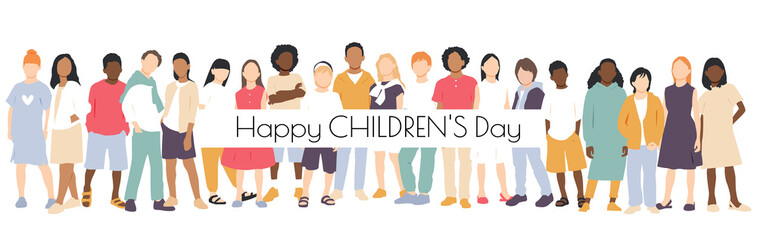Happy Children's Day card. Children of different ethnicities stand side by side together. Flat vector illustration.