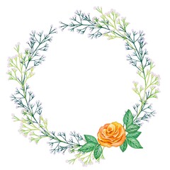 オレンジ系　水彩の薔薇とかすみ草のリース・フレームセット　ラスター素材